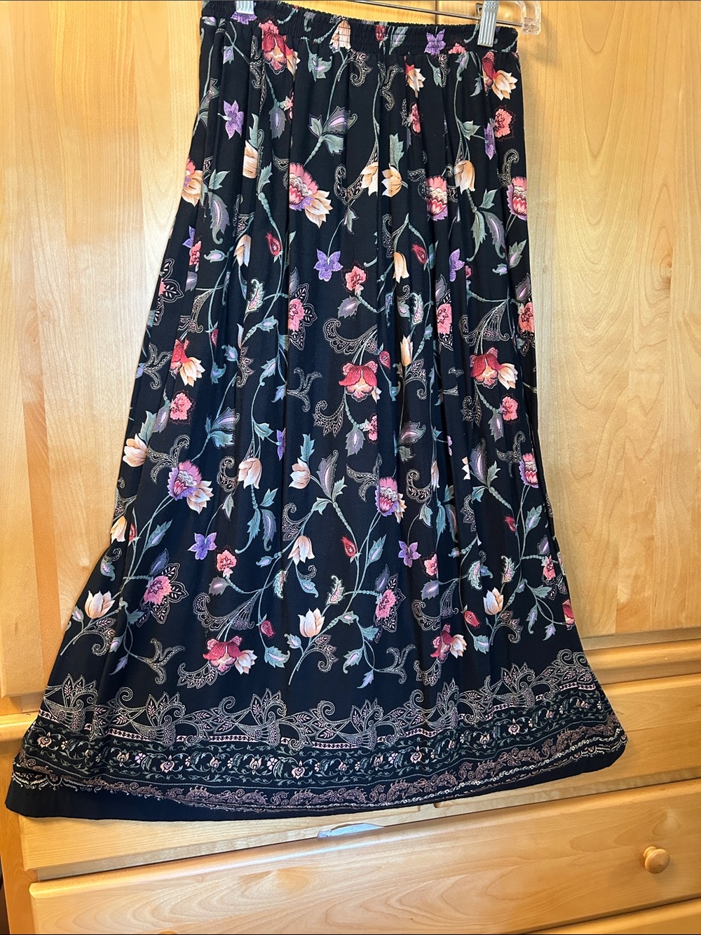 Liz Baker Black Maxi Skirt with Pink, Purple & Cream Floral Print